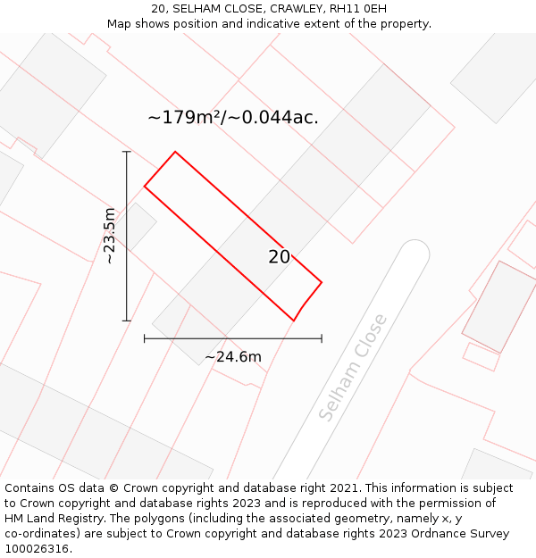 20, SELHAM CLOSE, CRAWLEY, RH11 0EH: Plot and title map