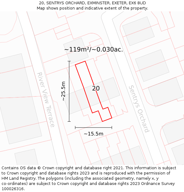 20, SENTRYS ORCHARD, EXMINSTER, EXETER, EX6 8UD: Plot and title map