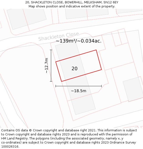 20, SHACKLETON CLOSE, BOWERHILL, MELKSHAM, SN12 6EY: Plot and title map