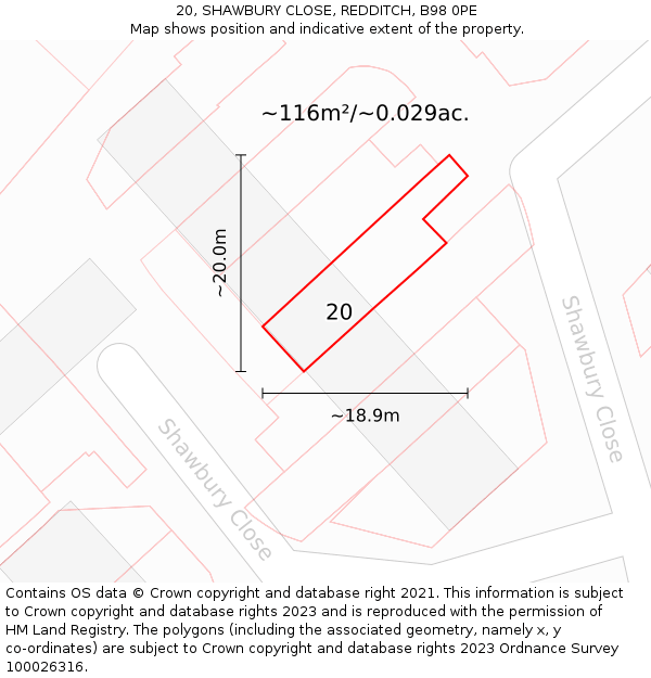 20, SHAWBURY CLOSE, REDDITCH, B98 0PE: Plot and title map