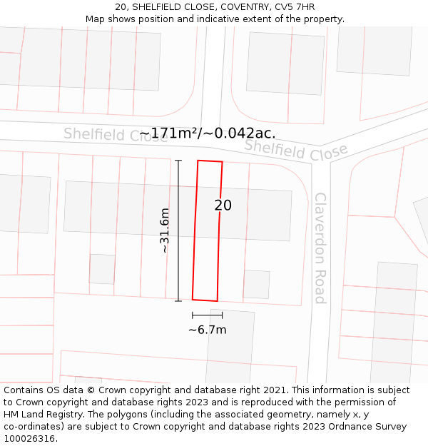 20, SHELFIELD CLOSE, COVENTRY, CV5 7HR: Plot and title map