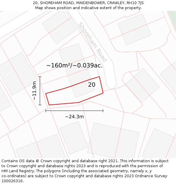 20, SHOREHAM ROAD, MAIDENBOWER, CRAWLEY, RH10 7JS: Plot and title map
