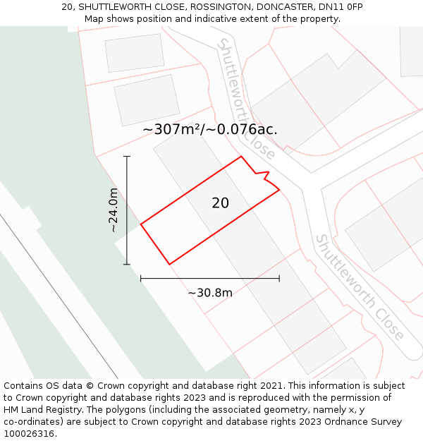 20, SHUTTLEWORTH CLOSE, ROSSINGTON, DONCASTER, DN11 0FP: Plot and title map