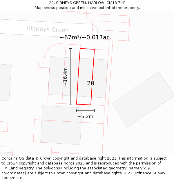 20, SIBNEYS GREEN, HARLOW, CM18 7HP: Plot and title map