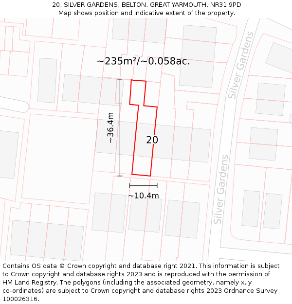 20, SILVER GARDENS, BELTON, GREAT YARMOUTH, NR31 9PD: Plot and title map