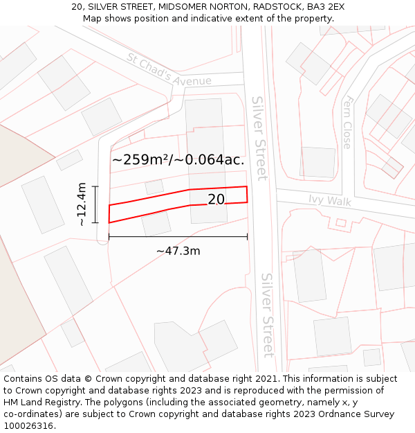 20, SILVER STREET, MIDSOMER NORTON, RADSTOCK, BA3 2EX: Plot and title map
