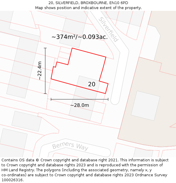 20, SILVERFIELD, BROXBOURNE, EN10 6PD: Plot and title map
