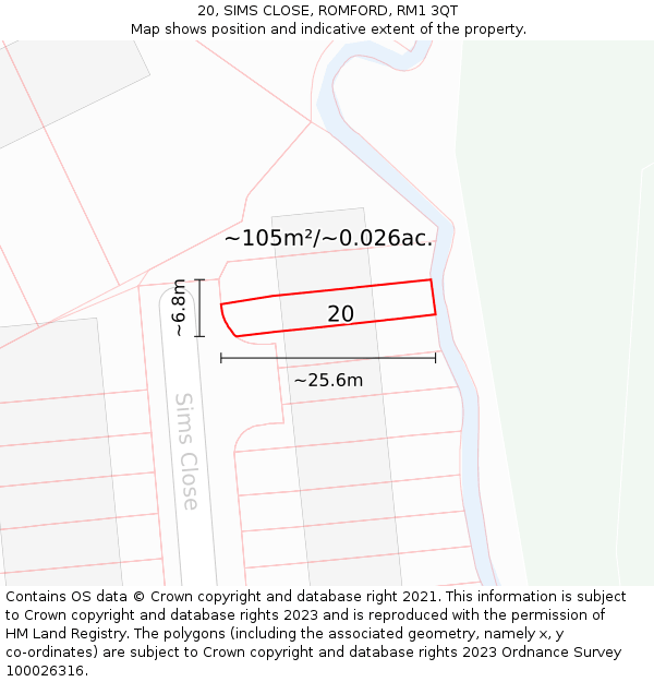 20, SIMS CLOSE, ROMFORD, RM1 3QT: Plot and title map