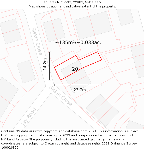 20, SISKIN CLOSE, CORBY, NN18 8RQ: Plot and title map