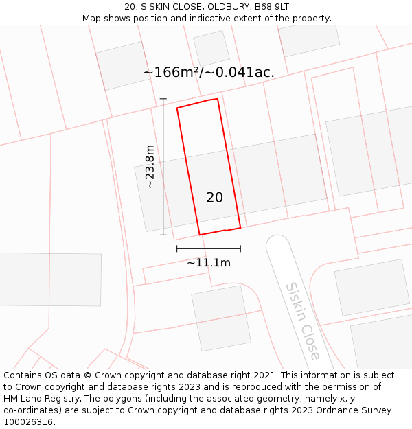 20, SISKIN CLOSE, OLDBURY, B68 9LT: Plot and title map