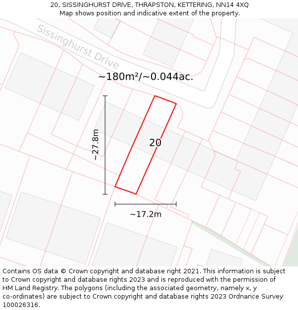 20, SISSINGHURST DRIVE, THRAPSTON, KETTERING, NN14 4XQ: Plot and title map