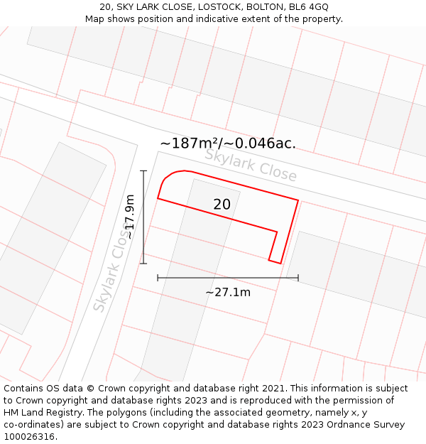 20, SKY LARK CLOSE, LOSTOCK, BOLTON, BL6 4GQ: Plot and title map
