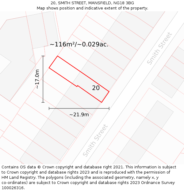 20, SMITH STREET, MANSFIELD, NG18 3BG: Plot and title map