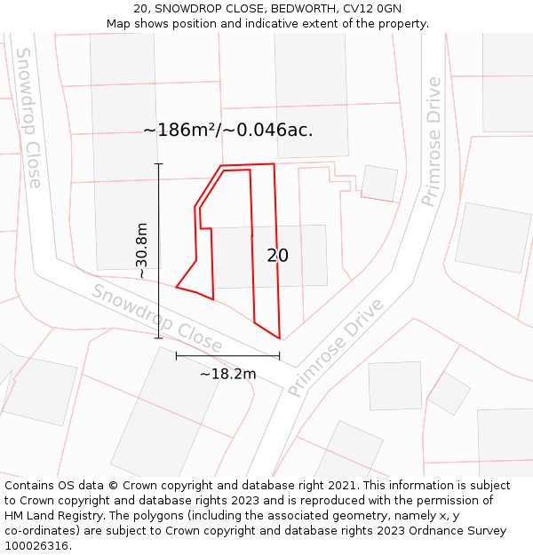 20, SNOWDROP CLOSE, BEDWORTH, CV12 0GN: Plot and title map