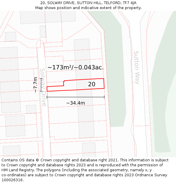 20, SOLWAY DRIVE, SUTTON HILL, TELFORD, TF7 4JA: Plot and title map