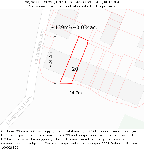 20, SORREL CLOSE, LINDFIELD, HAYWARDS HEATH, RH16 2EA: Plot and title map