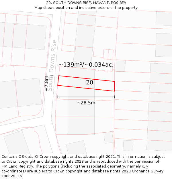 20, SOUTH DOWNS RISE, HAVANT, PO9 3FA: Plot and title map