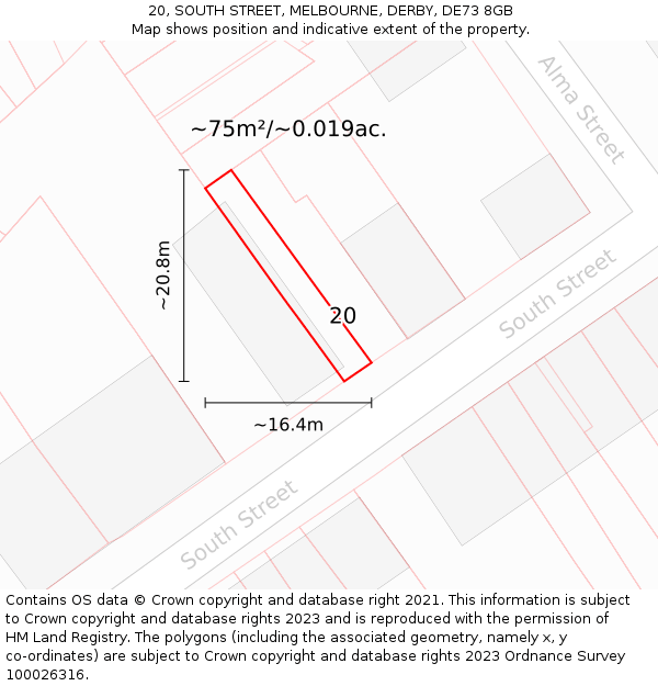 20, SOUTH STREET, MELBOURNE, DERBY, DE73 8GB: Plot and title map