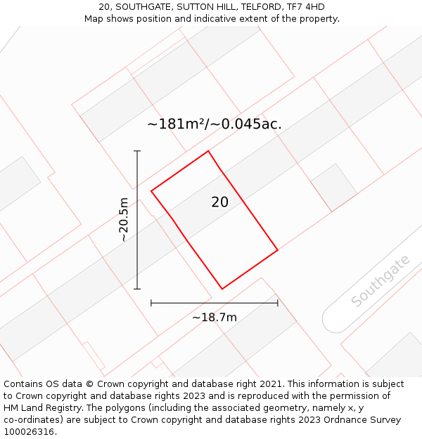 20, SOUTHGATE, SUTTON HILL, TELFORD, TF7 4HD: Plot and title map