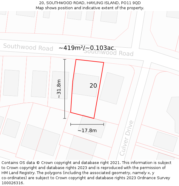 20, SOUTHWOOD ROAD, HAYLING ISLAND, PO11 9QD: Plot and title map