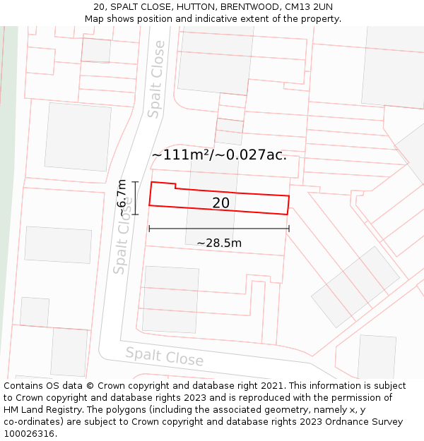 20, SPALT CLOSE, HUTTON, BRENTWOOD, CM13 2UN: Plot and title map