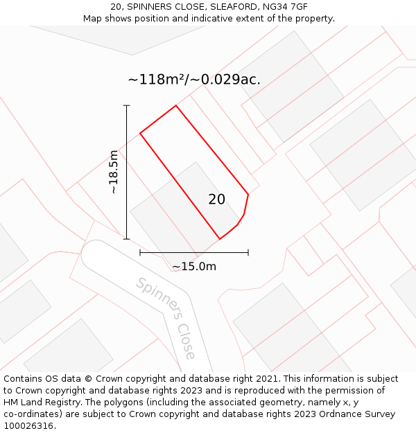 20, SPINNERS CLOSE, SLEAFORD, NG34 7GF: Plot and title map