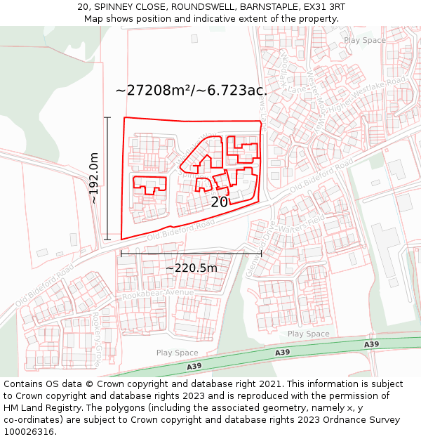 20, SPINNEY CLOSE, ROUNDSWELL, BARNSTAPLE, EX31 3RT: Plot and title map