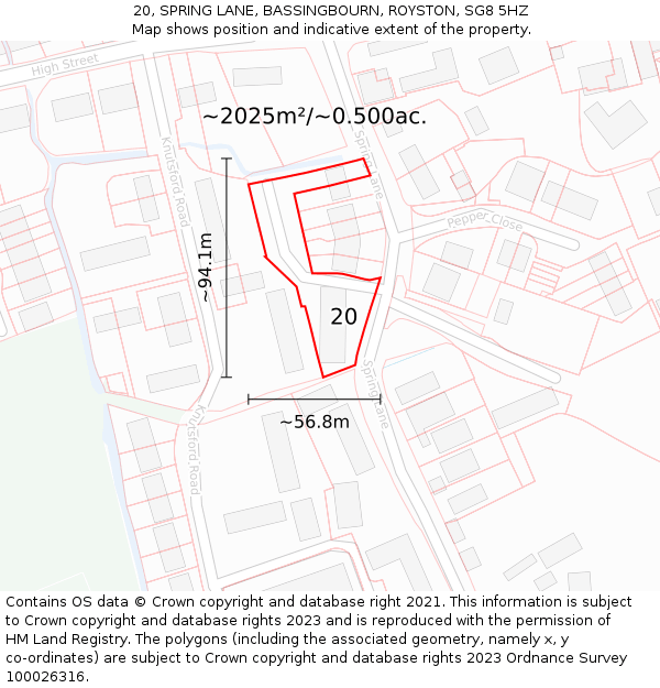 20, SPRING LANE, BASSINGBOURN, ROYSTON, SG8 5HZ: Plot and title map