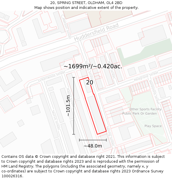20, SPRING STREET, OLDHAM, OL4 2BD: Plot and title map