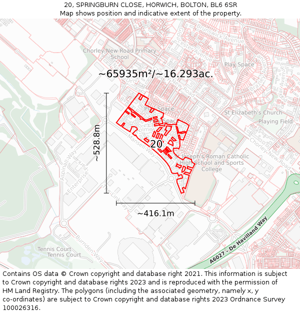 20, SPRINGBURN CLOSE, HORWICH, BOLTON, BL6 6SR: Plot and title map