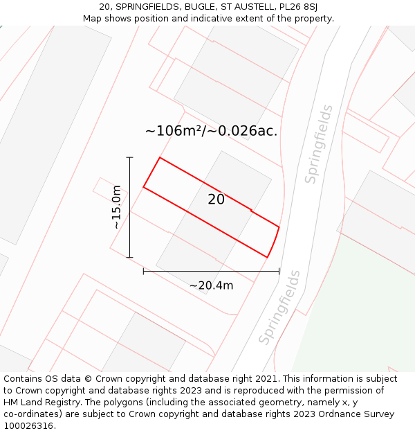 20, SPRINGFIELDS, BUGLE, ST AUSTELL, PL26 8SJ: Plot and title map