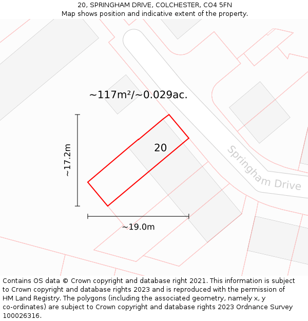 20, SPRINGHAM DRIVE, COLCHESTER, CO4 5FN: Plot and title map