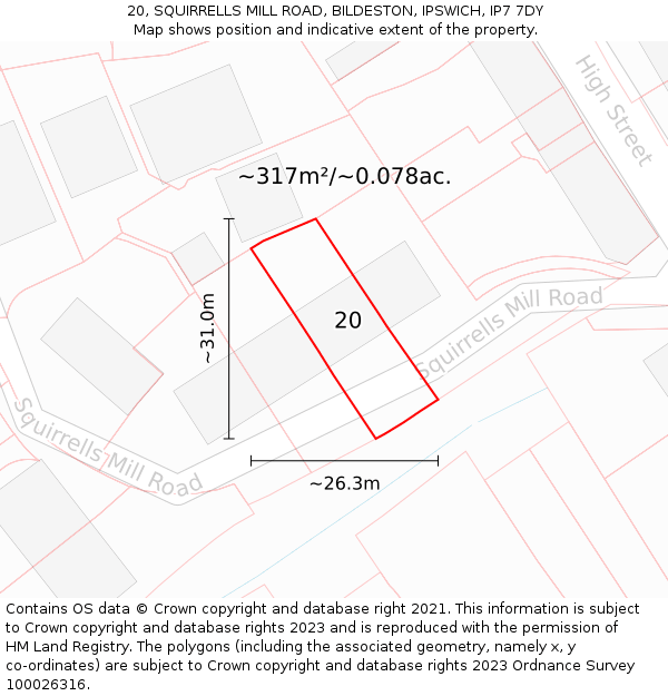 20, SQUIRRELLS MILL ROAD, BILDESTON, IPSWICH, IP7 7DY: Plot and title map