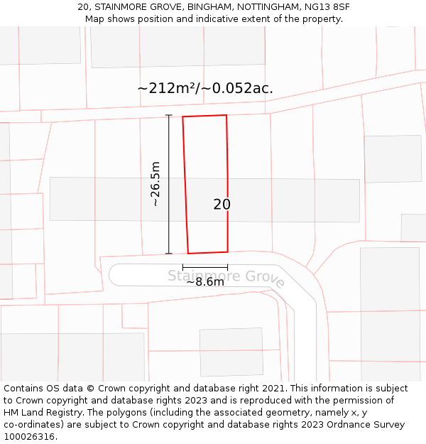 20, STAINMORE GROVE, BINGHAM, NOTTINGHAM, NG13 8SF: Plot and title map