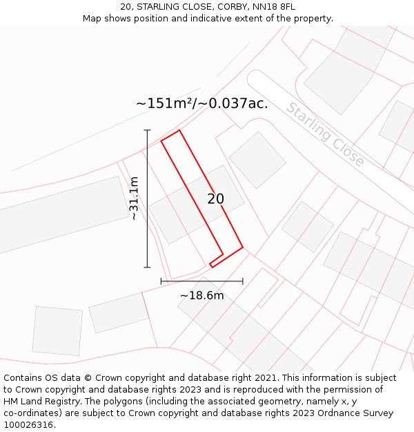 20, STARLING CLOSE, CORBY, NN18 8FL: Plot and title map