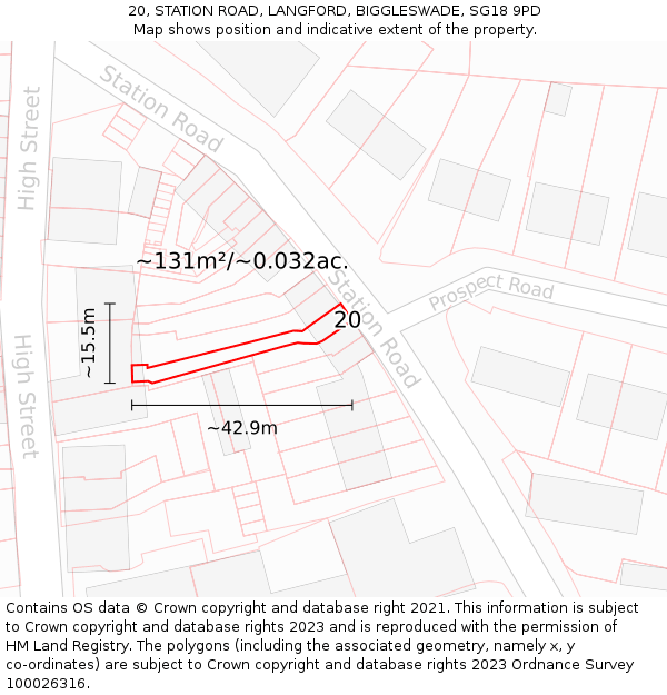 20, STATION ROAD, LANGFORD, BIGGLESWADE, SG18 9PD: Plot and title map