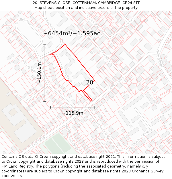 20, STEVENS CLOSE, COTTENHAM, CAMBRIDGE, CB24 8TT: Plot and title map