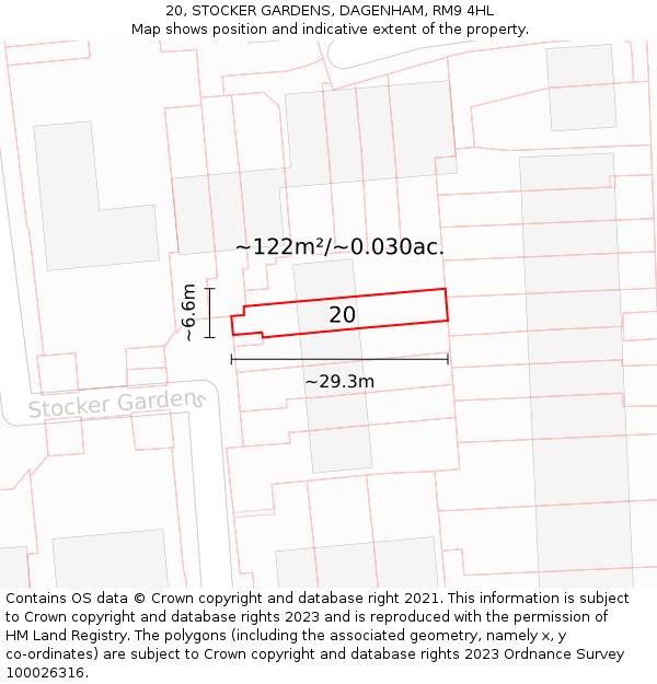 20, STOCKER GARDENS, DAGENHAM, RM9 4HL: Plot and title map