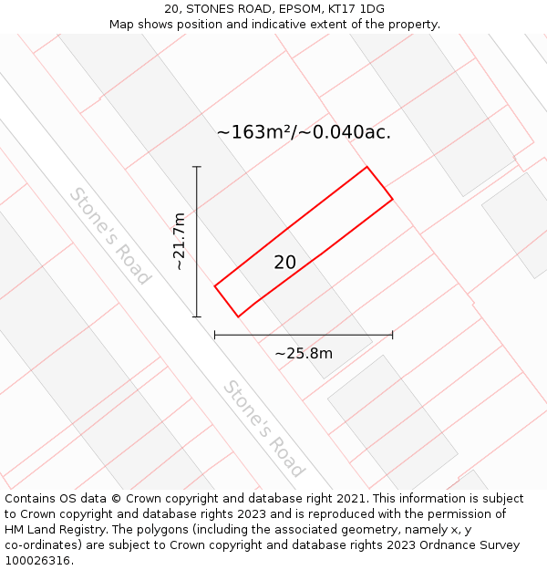 20, STONES ROAD, EPSOM, KT17 1DG: Plot and title map