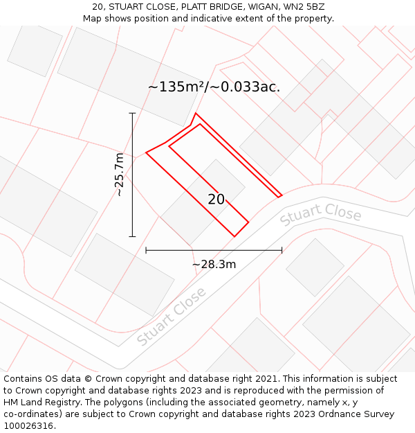 20, STUART CLOSE, PLATT BRIDGE, WIGAN, WN2 5BZ: Plot and title map
