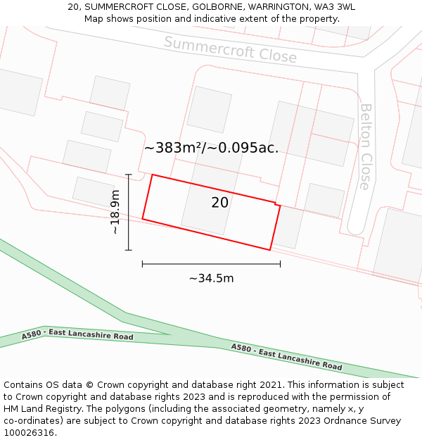 20, SUMMERCROFT CLOSE, GOLBORNE, WARRINGTON, WA3 3WL: Plot and title map