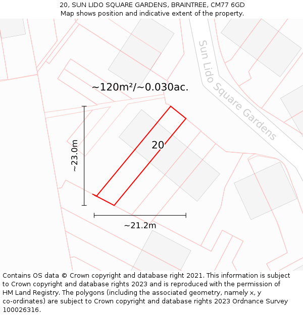 20, SUN LIDO SQUARE GARDENS, BRAINTREE, CM77 6GD: Plot and title map