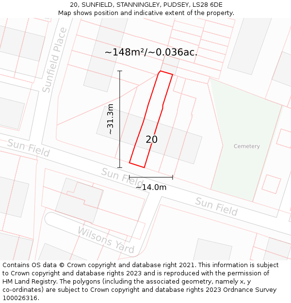 20, SUNFIELD, STANNINGLEY, PUDSEY, LS28 6DE: Plot and title map