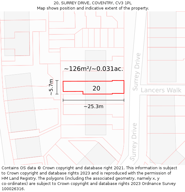 20, SURREY DRIVE, COVENTRY, CV3 1PL: Plot and title map