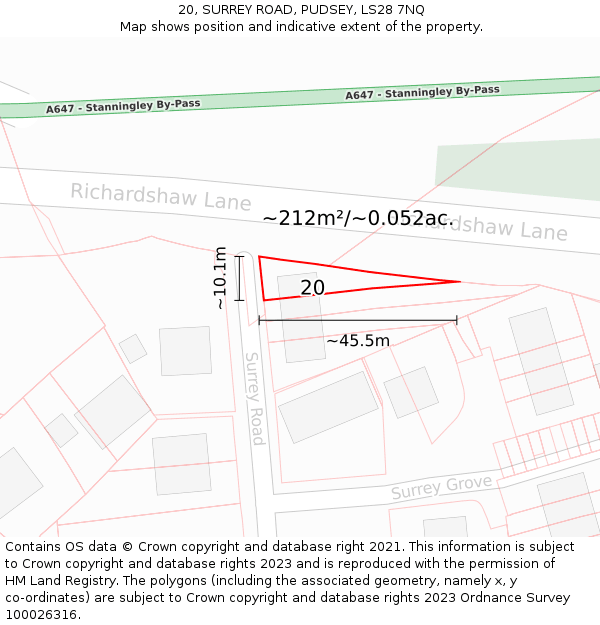 20, SURREY ROAD, PUDSEY, LS28 7NQ: Plot and title map