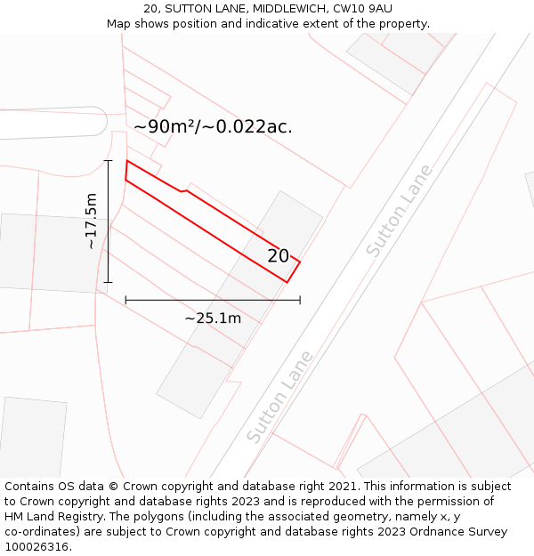 20, SUTTON LANE, MIDDLEWICH, CW10 9AU: Plot and title map