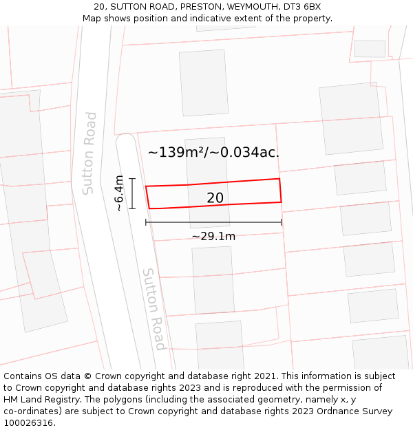 20, SUTTON ROAD, PRESTON, WEYMOUTH, DT3 6BX: Plot and title map