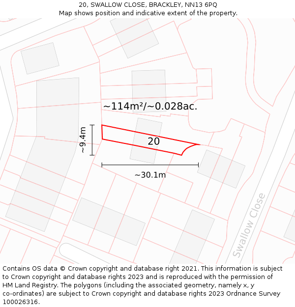 20, SWALLOW CLOSE, BRACKLEY, NN13 6PQ: Plot and title map