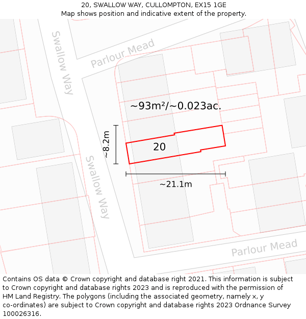 20, SWALLOW WAY, CULLOMPTON, EX15 1GE: Plot and title map