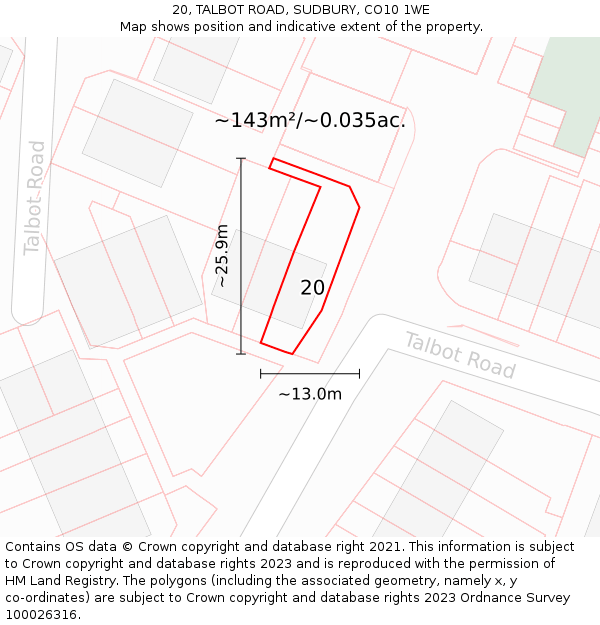 20, TALBOT ROAD, SUDBURY, CO10 1WE: Plot and title map